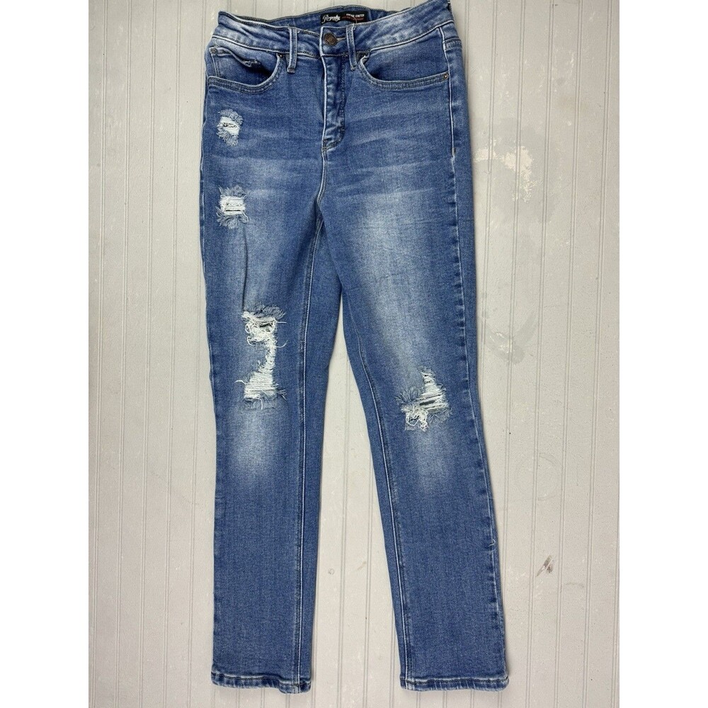 Royalty Size 10 Womens Jeans Hi Rise Slim Straight Stretch Distress Med Wash